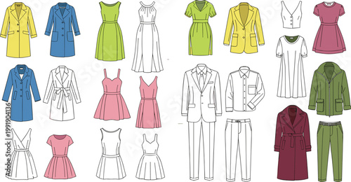Comprehensive collection of fashion technical sketches including women's dresses coats blazers and men's formal suits for apparel design development and garment manufacturing specifications.