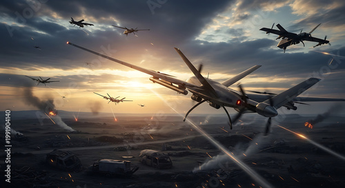 Drones and Fighter Jets in Sky Over War-Torn Landscape at Sunset