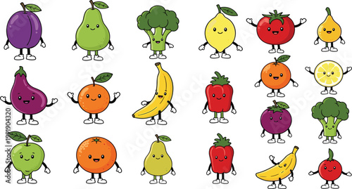 Large set of cute kawaii fruit and vegetable characters with smiling faces arms and legs including broccoli tomato banana pear plum apple and eggplant vector illustrations.
