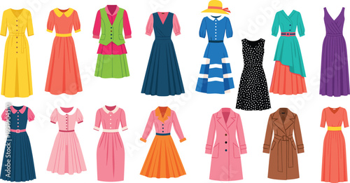 Comprehensive collection of women's fashion illustrations featuring vintage and modern dress styles elegant coats and stylish evening outfits for retail apparel design.