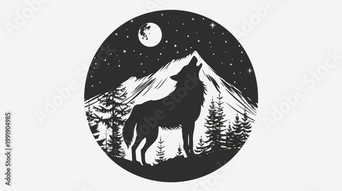Silhouette of wolf howling at moon over mountain scene in circular design
