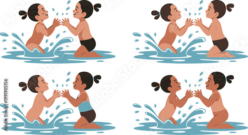 Four depictions of young girls playfully splashing water at each other