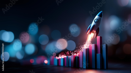 3D business growth bar chart with rocket launch in dark blue and violet tones conveying dynamic action and upward progress