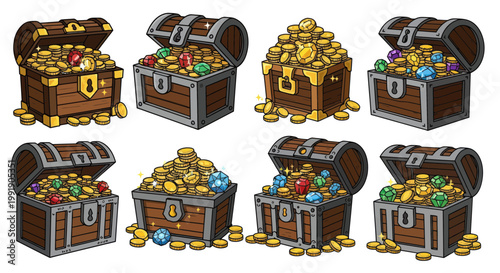 Treasure Chests Filled with Gold Coins and Jewels, Vector Illustration