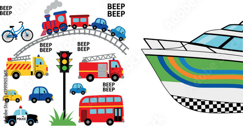 Set of Colorful Transportation Icons Including Bicycle, Train, Police Car, Fire Truck, Bus, and Boat with Beep Sounds and Traffic Light
