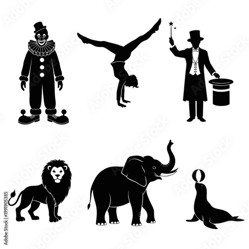 Circus Silhouette Icons: Clown, Acrobat, Magician, Lion, Elephant, Seal