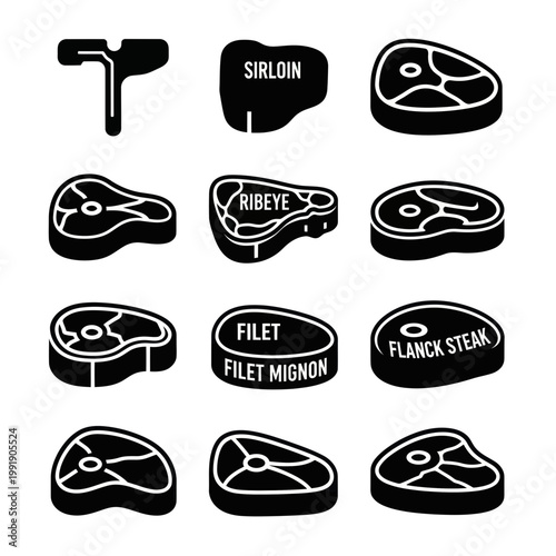 Set of Different Steak Cuts Icons, Vector Illustration