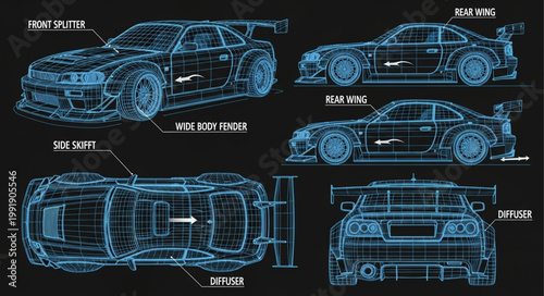 Blueprint Schematics of Modified Sports Cars.