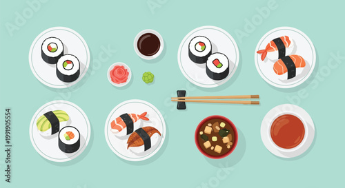 A top-down view of a delightful assortment of Japanese sushi dishes, including nigiri, maki rolls, and sashimi, served with soy sauce, wasabi, and miso soup.