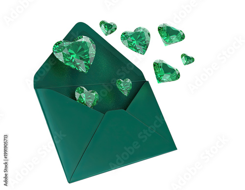 Green Heart-Shaped Emeralds Emerging from an Envelope