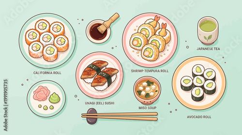 A delightful assortment of Japanese sushi dishes, including California rolls, shrimp tempura rolls, avocado rolls, unagi nigiri, miso soup, and green tea.