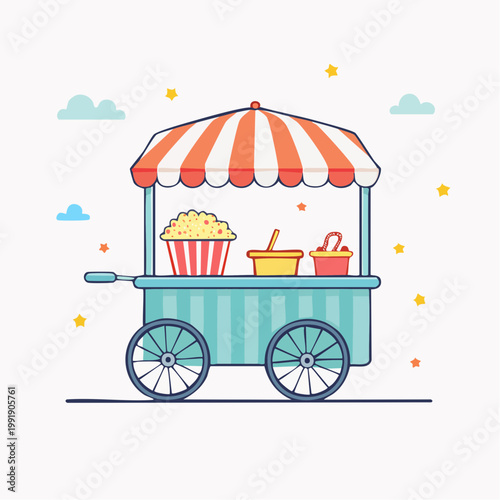 Popcorn Cart with Striped Awning and Festive Stars