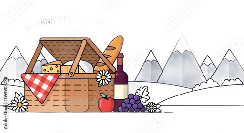 Winter picnic, outdoor basket, food and wine, mountain landscape, vector illustration