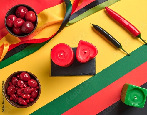 Vibrant Juneteenth celebration scene with Freedom Day symbols and African American history elements on a colorful background with food and utensils
