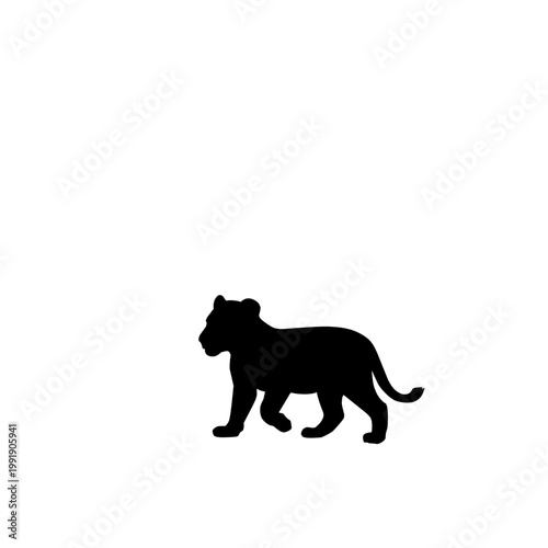 Lion cub silhouette isolated on white background. Wild animal vector illustration representing young wildlife, innocence, and African safari concept