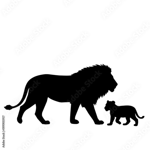 Lion and cub silhouette isolated on white background. Wildlife vector illustration symbolizing family, protection, and animal parenting concept