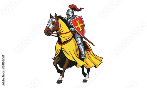 Medieval Knight on Horseback with Shield and Armor Illustration