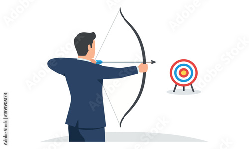 Businessman Aiming Bow and Arrow at Bullseye Target