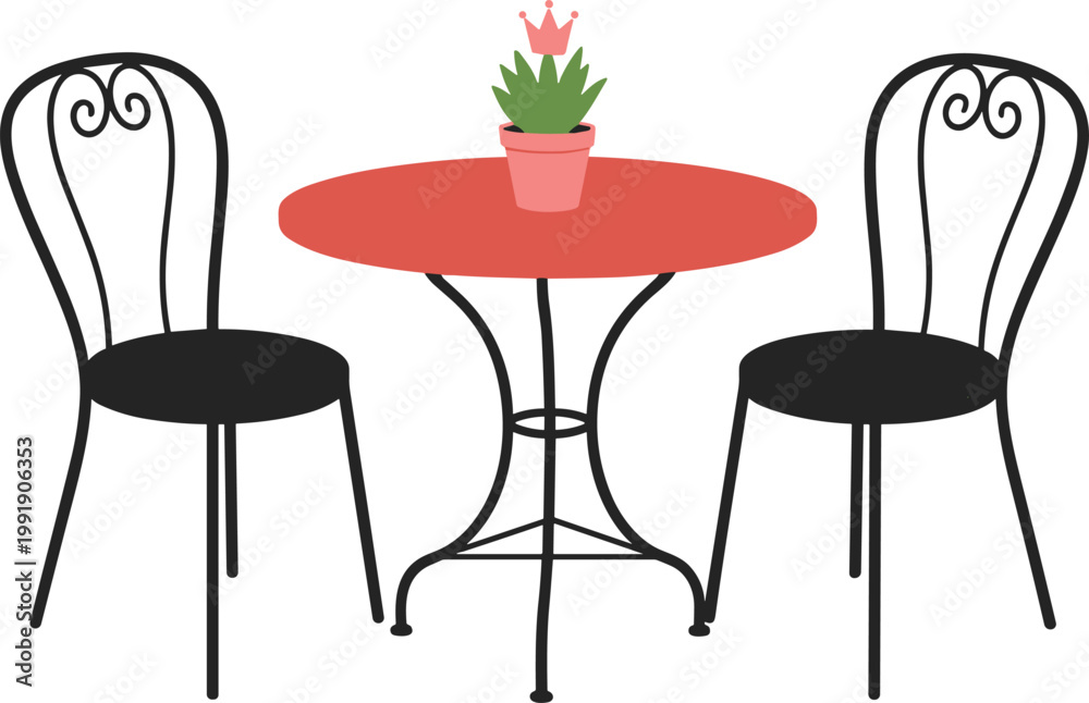 Fototapeta premium Elegant Café Table Set with Two Chairs and Potted Plant for Outdoor Dining and Patio Decor Designs