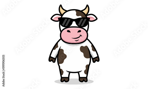 Cartoon Cow Wearing Sunglasses Isolated on White Background