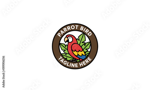 Parrot Bird Logo Vector Emblem with Tropical Leaves