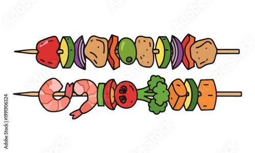 Vegetable and Meat Skewers Illustration with Shrimp on White