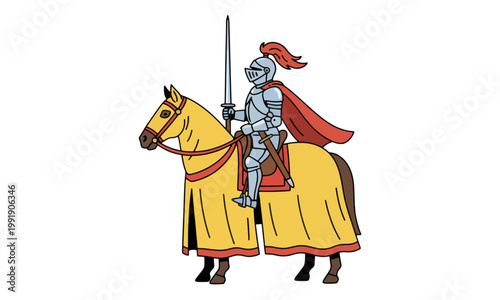Medieval Knight Riding Horse with Sword Illustration