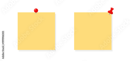 Yellow sticky notes with red pins flat office note icons.