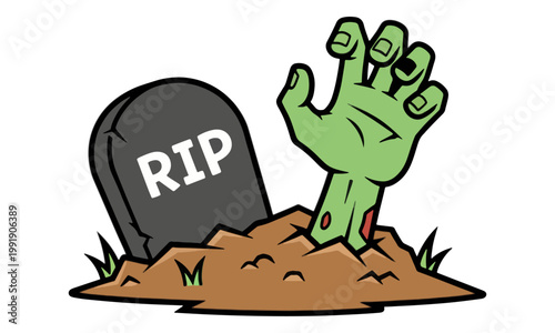 Zombie Hand Rising from Grave next to RIP Tombstone Vector