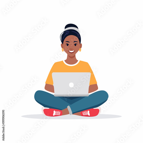 Woman in casual clothes sitting cross-legged with a laptop