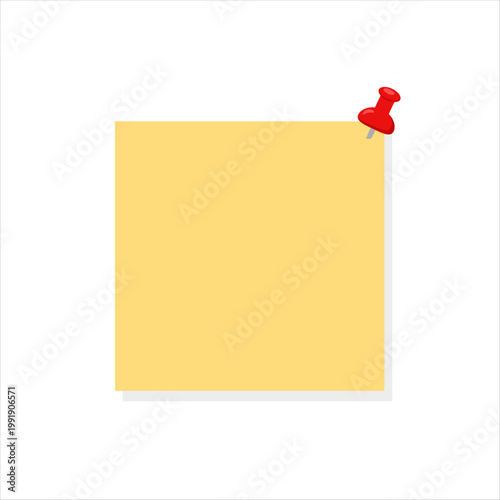 Yellow sticky note with red push pin at corner, flat minimal.