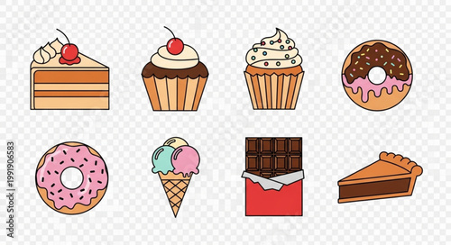 Collection of Sweet Desserts and Treats Isolated on Transparent Background.