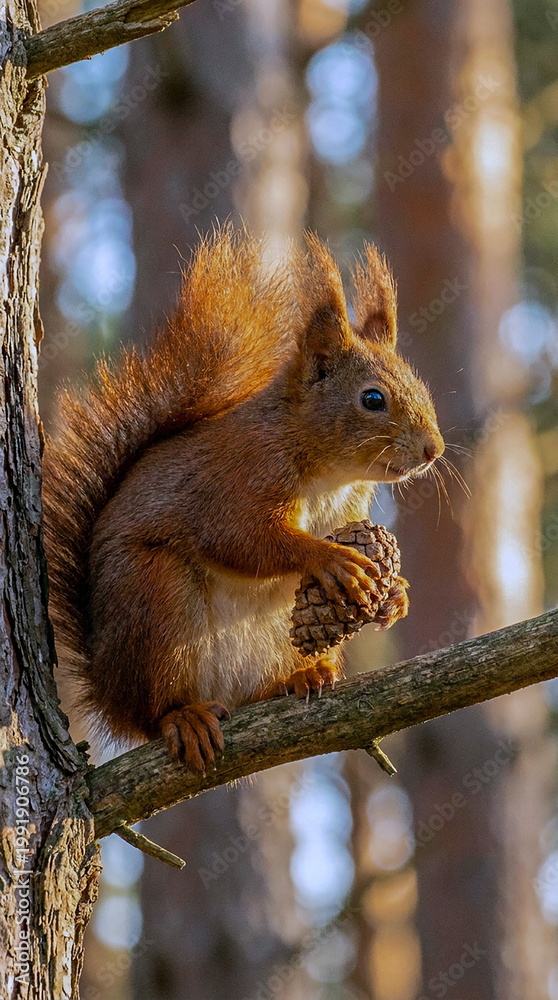 Fototapeta premium A red squirrel sitting on a tree branch holding a pinecone in a forest