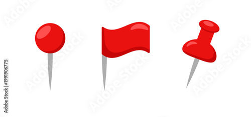 Red map pin flag and thumbtack icon set glossy red.