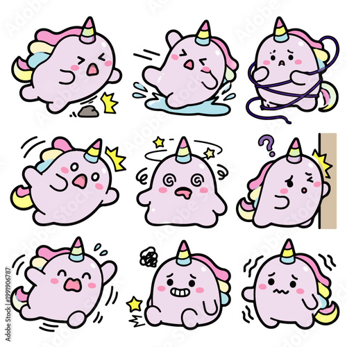 cute clumsy unicorn blob doodle character set
