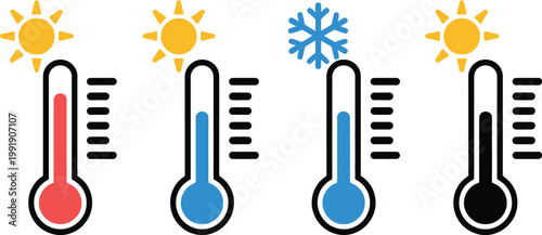 Thermometer vector icons with sun and snowflake symbols, hot and cold temperature scale indicators for weather forecast, freezer control and climate condition isolated illustration design.
