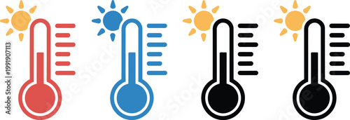 Thermometer vector icons with sun and snowflake symbols, hot and cold temperature scale indicators for weather forecast, freezer control and climate condition isolated illustration design.