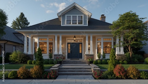 A charming craftsman-style house with a welcoming porch and manicured lawn is seen under a clear blue sky.