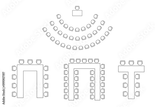 Top view floor plan icon showing chair arrangement for events. Conference room layout with table seating design for meetings, banquets, and classroom setups.