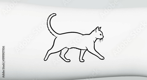 Minimalist cat outline walking with tail up against a white background