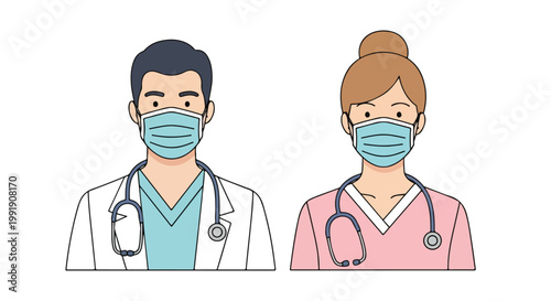 Medical professional avatars wearing face masks, male doctor and female nurse characters with stethoscopes, healthcare workers flat vector illustration