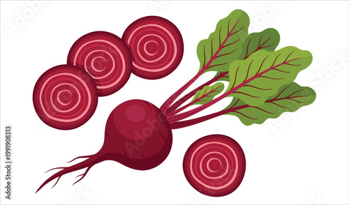 Fresh whole beetroot with green leaves and sliced pieces isolated on a clean white background