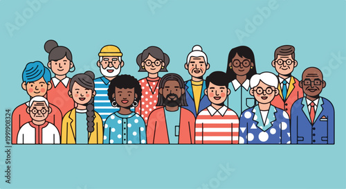 Diverse community group of people avatars, multicultural society characters in flat line art style, inclusive crowd of men and women vector illustration