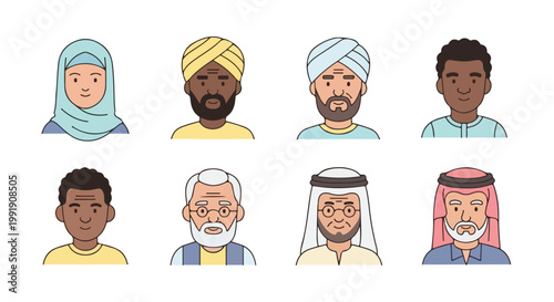 Diverse multicultural avatar set of 8 people icons, flat line vector illustrations of men and women in traditional headwear, ethnic diversity profile characters