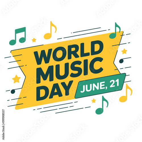 World Music Day June 21 banner design with musical notes and geometric shapes
