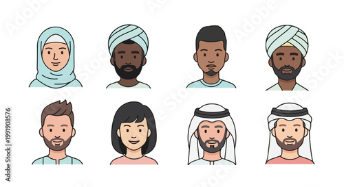 Diverse multicultural avatar set, collection of 8 ethnic people icons, flat vector portraits of men and women in traditional and modern clothing