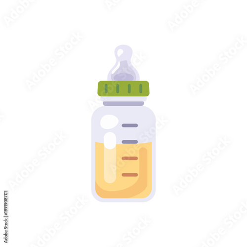 glass white baby milk bottle, infant feeding accessory, colorful illustration