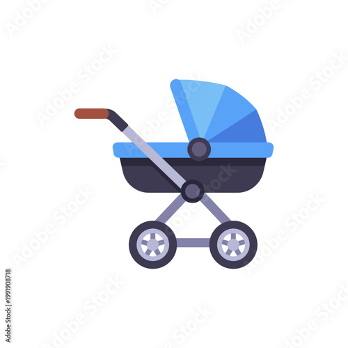 blue baby stroller, infant transport equipment, colorful illustration