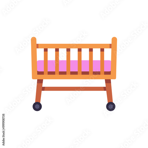 wooden baby bassinet, infant nursery furniture, colorful illustration
