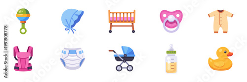 Set of baby care nursery icons, newborn essentials and infant accessory symbols, colorful collection with illustrations
